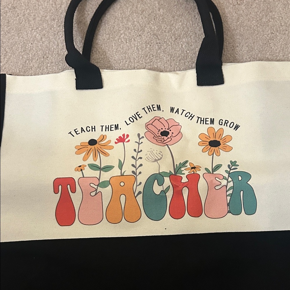 Floral Teacher Tote Bag - Black and Cream